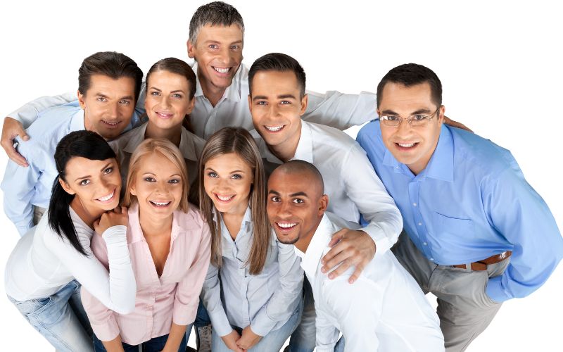 study online business project administration management degree People huddled together smiling looking up